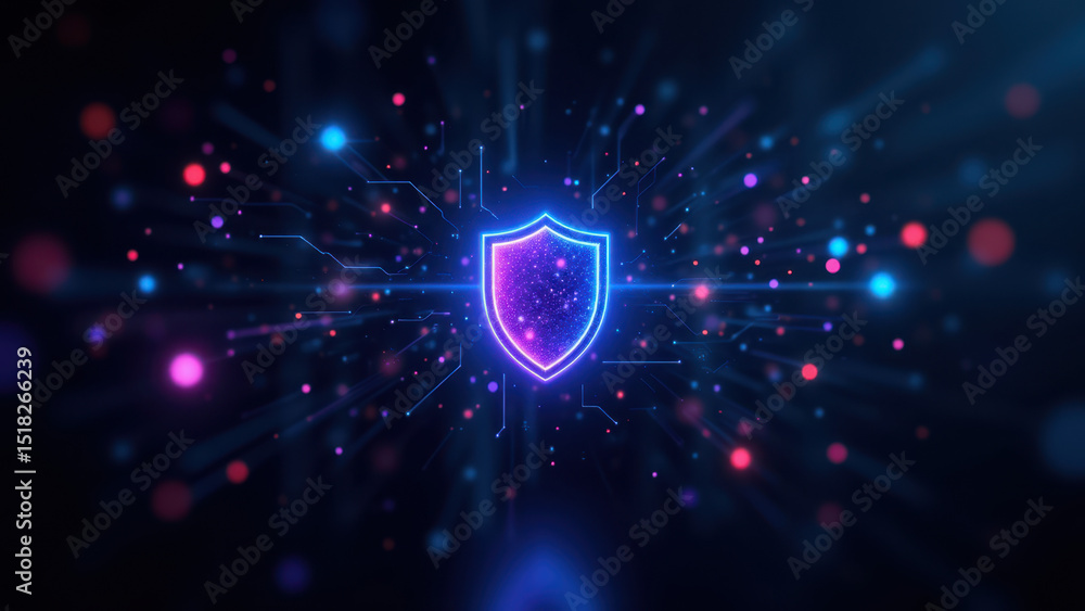 Aufkleber cybersecurity shield graphic with digital particles emanating from it, representing network defense 