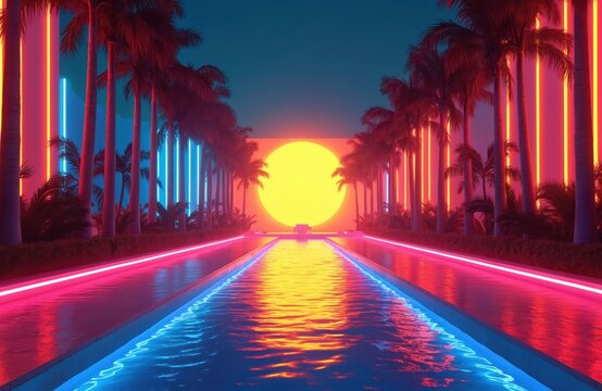 Illustration of neon lights summer pool party with palm trees. Abstract geometric lines, vibrant colors. Modern, futuristic, party theme. Neon lines create surreal atmosphere.