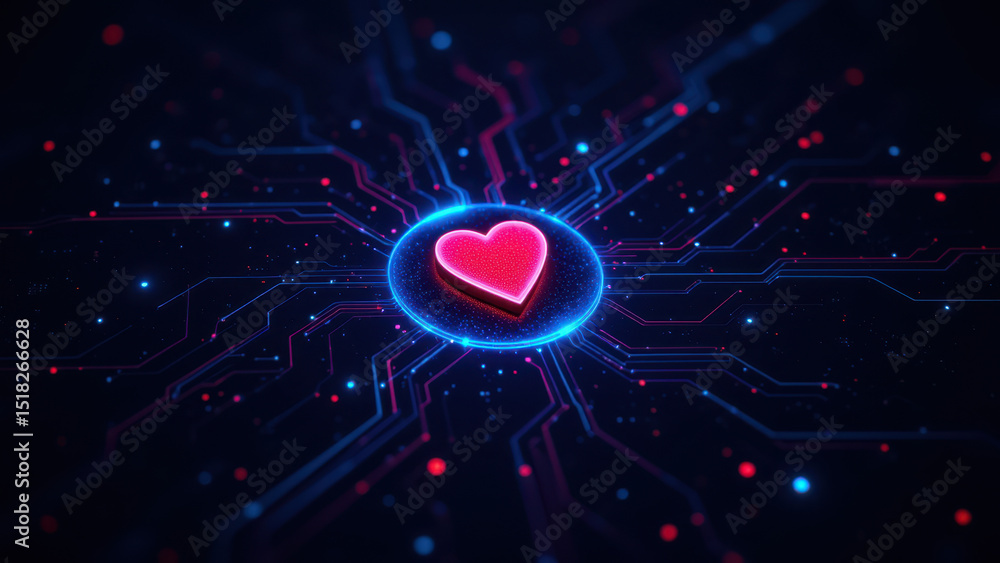 Aufkleber a cybernetic heart floating on a circuit board filled with digital sparkles and glowing lines.