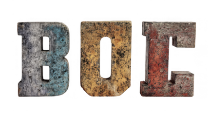 Colorful handpainted letters spelling boe are displayed on a weathered canvas with a transparent background, adding a vintage and artistic touch to any project