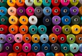 Fototapeta premium A vibrant collection of thread spools in various colors, neatly arranged, showcasing a spectrum of hues ideal for sewing, crafting.
