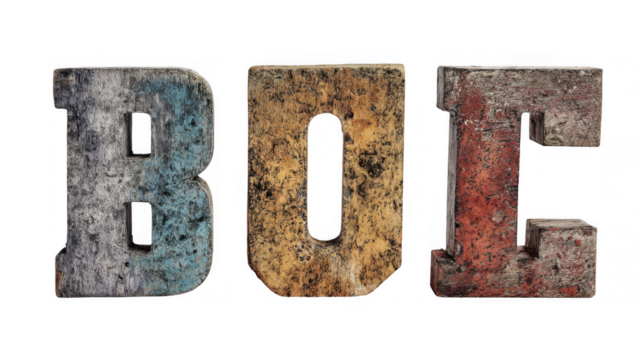 Colorful handpainted letters spelling boe are displayed on a weathered canvas with a transparent background, adding a vintage and artistic touch to any project - Powered by Adobe