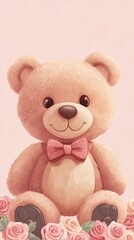 Obraz premium Full-body teddy bear, wearing a bow tie and suspenders, on a pastel pink background. generative ai