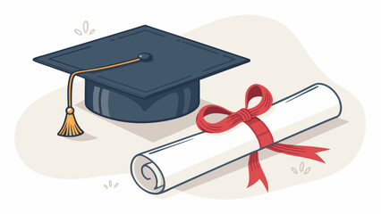 Graduation Cap and Diploma Scroll with Red Ribbon Education and Academic Achievement Illustration