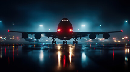 Large aircraft illuminated at night, showcasing its striking silhouette and reflections on wet runway, creates dramatic scene