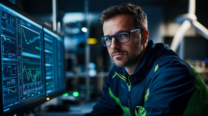 Wind energy engineer analyzing data on computer screens in modern office environment, showcasing focus and expertise