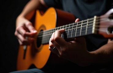 Obraz premium Close-up photo guitarist hands playing acoustic guitar. Person strums strings. Musical performance at concert. Musician enjoys playing melody sound. Music lessons.