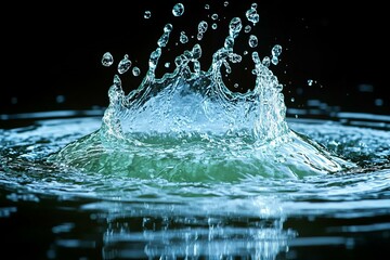 Water splash with frozen crown effect on rippling surface captured in sharp detail against black background