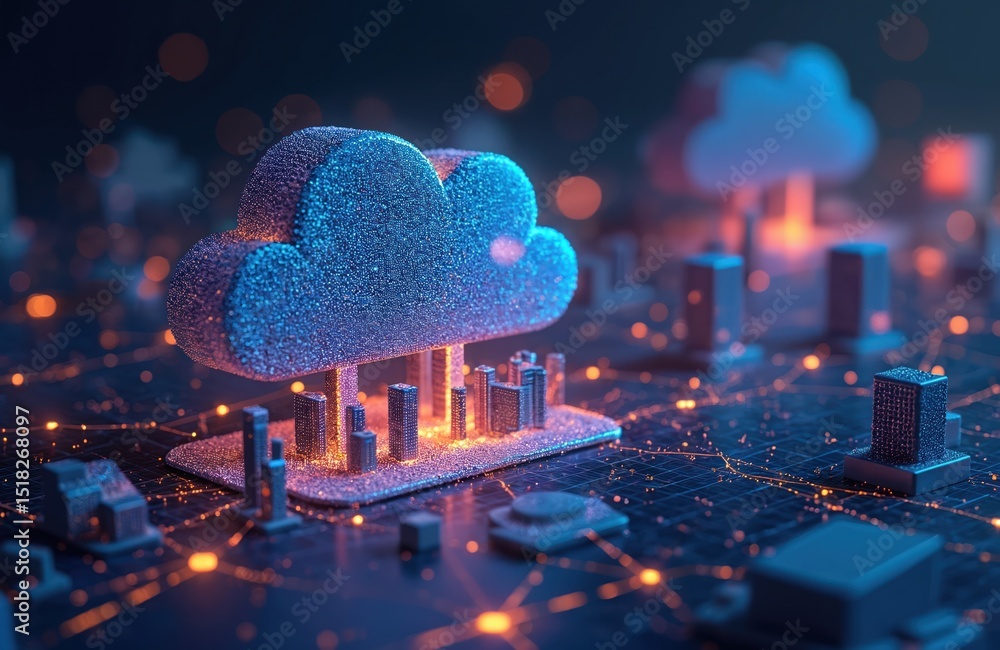 Poster futuristic illustration visualizes cloud computing, data transfer tech concept. large cloud icon cen
