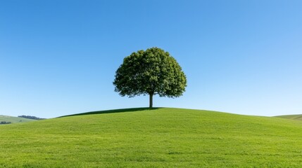 Fototapeta premium Solitary Tree on Green Hill, Blue Sky