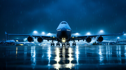 Large commercial airplane is captured in rain at night, reflecting lights on wet runway, creating dramatic atmosphere