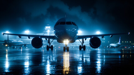 Large commercial airplane is illuminated night, showcasing its sleek design and powerful presence airport. scene evokes sense