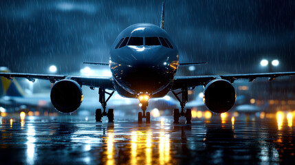 Large commercial airplane is captured rain night, showcasing its sleek design and powerful engines. reflections wet runway add