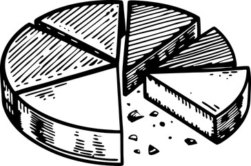 Hand drawn pie chart illustration sliced circular graph with separated piece, crumbs, vintage engraving design