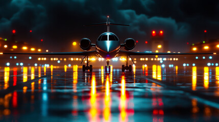 Futuristic aircraft on rain soaked runway, illuminated by colorful lights, creates dramatic and captivating scene