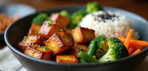 Serving of teriyaki tofu with rice, vegetables. Savory glazed tofu cubes with sesame seeds, white rice with black sesame, fresh broccoli. Healthy vegetarian meal with carrots, green beans. Japanese