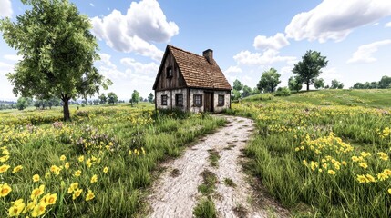Obraz premium Rustic Cottage in a Wildflower Meadow under a Sunny Sky