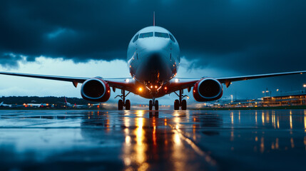 Commercial airplane front view on runway during stormy evening, showcasing dramatic lighting and reflections
