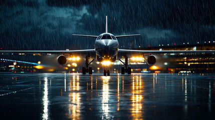 Commercial airplane front view on rainy night, showcasing reflections on wet runway and illuminated airport background