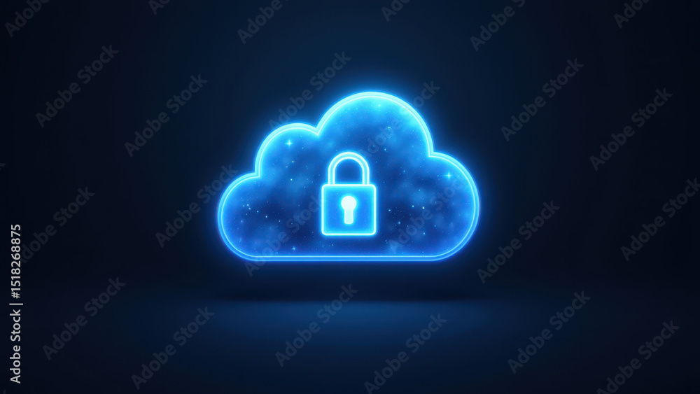 Poster an illuminated cloud with a lock symbol at its center, signifying secure online data storage.