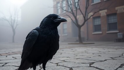 Fototapeta premium A close up of a crow standing on a stone surface with buildings in the foggy background outside city