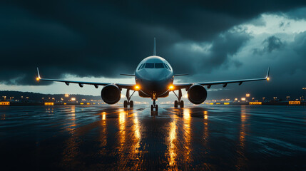 Commercial airplane front view on runway during stormy evening, showcasing dramatic lighting and reflections