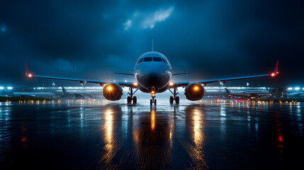 Commercial airplane front view on wet runway at night, illuminated by airport lights, creates dramatic atmosphere