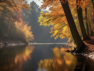 autumn at the lake, peaceful autumn river with reflections of leaves from trees