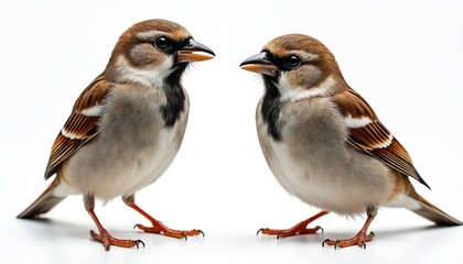 Fototapeta premium Two adorable sparrows isolated on white. Brown, beige, white plumage. Small birds with black beaks, perched. Natural wildlife theme. Birdwatching enthusiasts can use it.