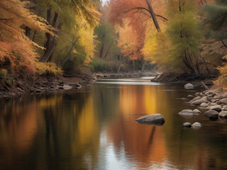autumn in the forest, autumn river with reflections of colorful leaves from trees
