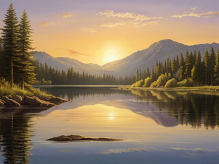 Lake in the forest and sunset in the mountains
