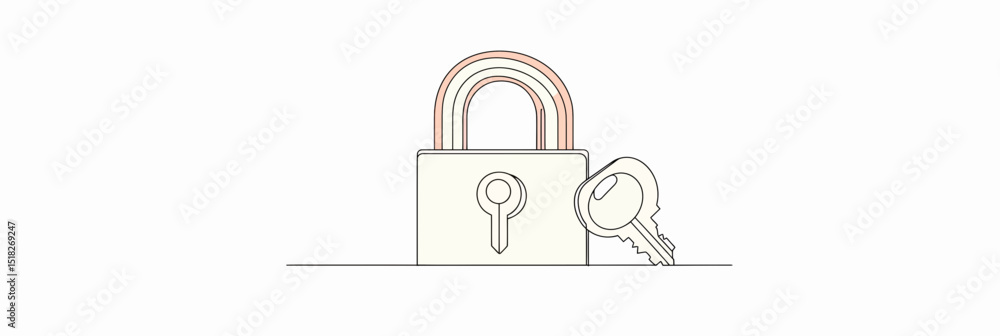 Poster minimalist flat vector illustration of padlock and key outlined in continuous single line style symb