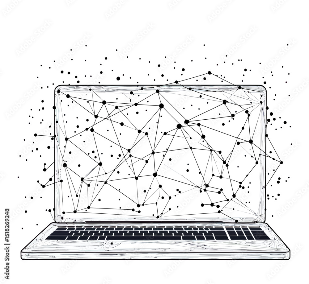 Poster abstract digital laptop composed of connected network points and lines with geometric polygonal mesh