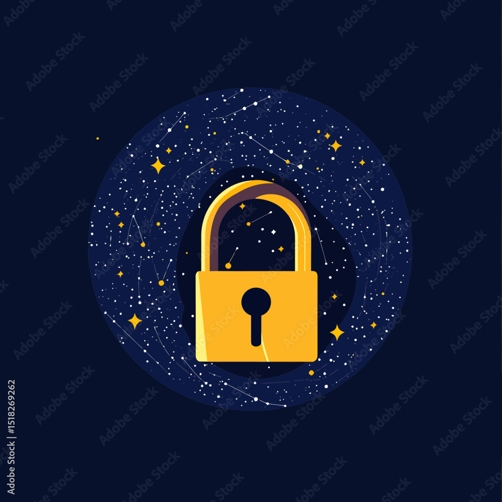 Poster yellow padlock symbol with keyhole on blue starry space background with constellation dots and abstr