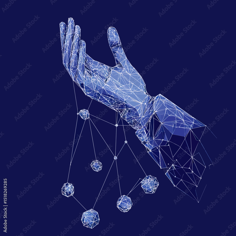 Aufkleber polygonal 3d wireframe hand controlling connected geometric spheres with thin lines on dark blue bac