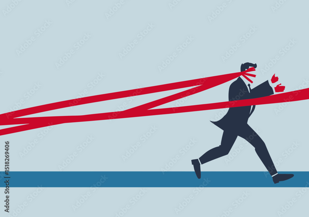 Poster businessman blindfolded and running tied up in red tape representing career obstacles struggle and p