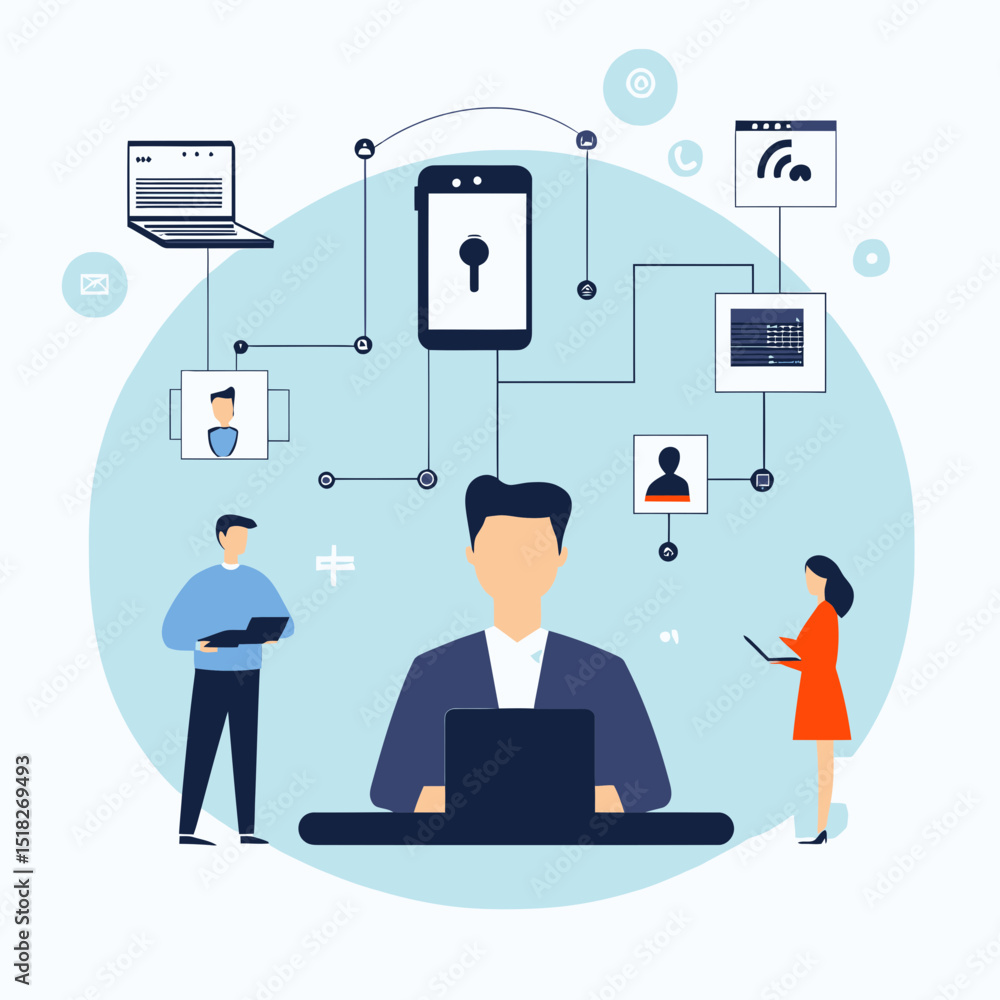 Poster business professionals using connected devices with data sharing cloud and cybersecurity concept in 