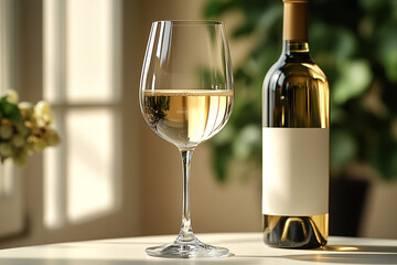Mockup for wine industry branding. Elegant Wine Glass with white wine and a bottle of wine with a blank label next to it.
