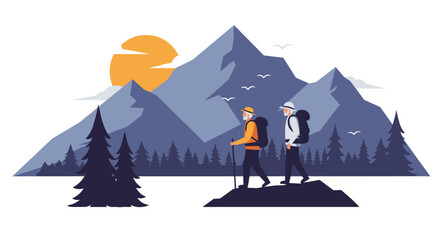 Two hikers trekking through mountainous landscape during sunset  