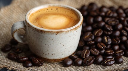 Obraz premium Aromatic espresso in a rustic mug with dark roasted coffee beans on a jute surface.