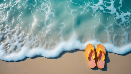 Obraz premium Brightly colored flip flops left at edge of sandy beach with foamy ocean waves gently approaching, evoking peaceful summer vibe