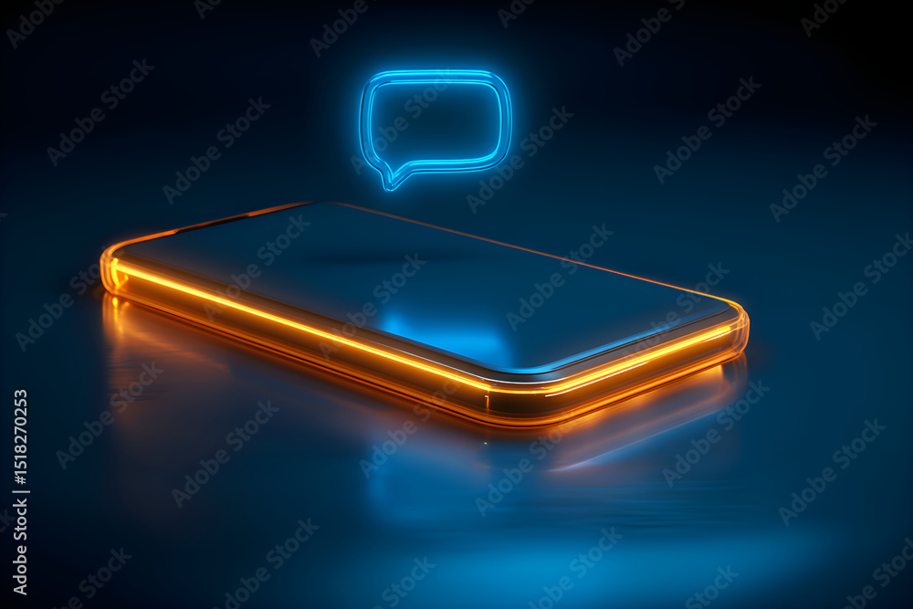 Poster smartphone receiving a message notification with neon lights glowing in dark environment