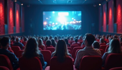 Audience watch movie screen in cinema. People sit in seats enjoy show. Group watch film performance in theater with entertainment. Leisure, enjoyment, social event. Everyone fun, relaxing, watching