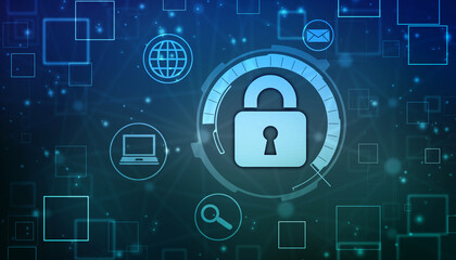 Digital Padlock on abstract technology background, Technology security concept. Modern safety digital background. Protection system, Cyber Security and safety information, personal data concept
