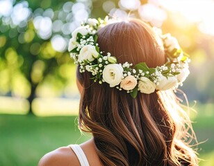 Naklejka premium Woman with flower crown facing sunlight in a lush, verdant garden setting.