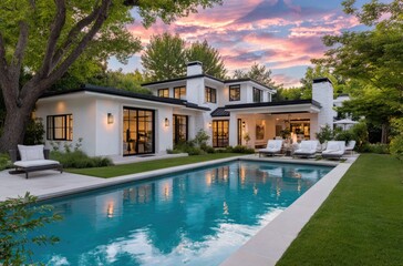 A modern two-story home in Beverly Hills, with white stucco walls, black windows and doors