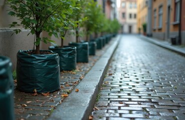 Trees in green plastic bags along city alleyway. Plants with green foliage on cobbled stone street, water drops on the pavement. Urban eco-friendly solution, modern landscaping.