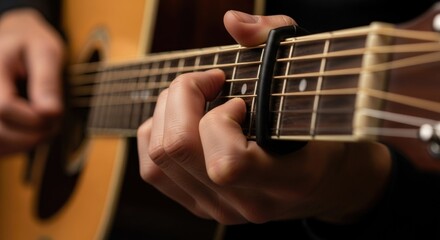  Musician with Passionate Mood Playing Acoustic Guitar Close-Up on Fingers and Strings with Dark Background