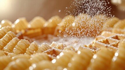 A close-up shot of powdered sugar gracefully falling onto a warm, delicious waffle.