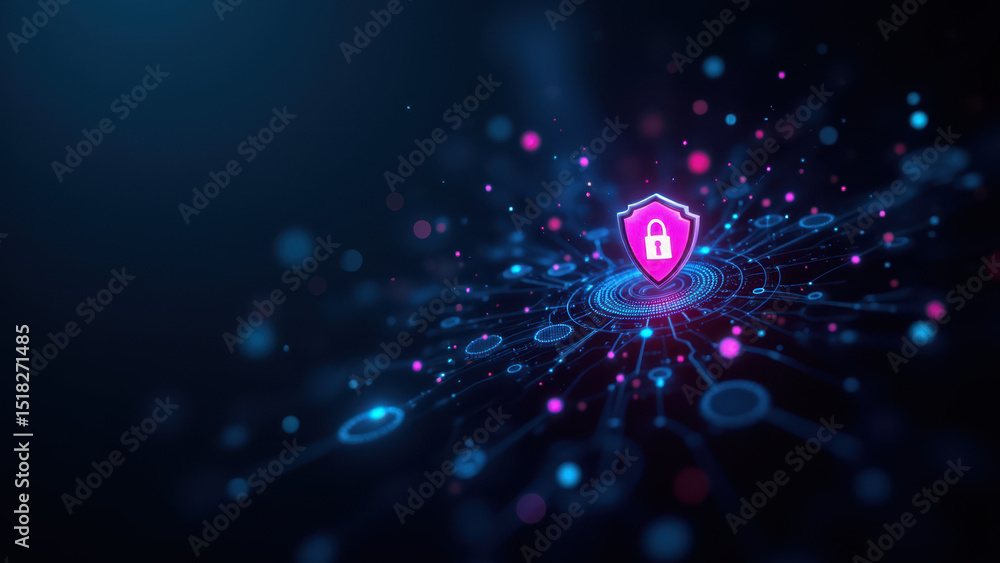 Aufkleber cybersecurity illustration with digital lock and colorful floating particles.